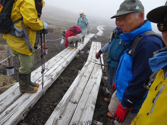 木道整備の様子。鎹（かすがい）を使い木道同士をつなぎ合せる作業です。