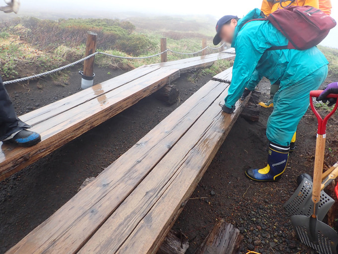 木道整備の様子。鎹（かすがい）を使い木道同士をつなぎ合せる作業です。