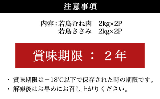 若鳥むね肉　2Kg×2P・若鳥ささみ　2Kg×2P　冷凍にてお届け！