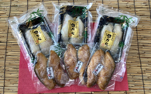 甘口みりんダレに漬け込んだ「みりん干し」と
甘めの味噌床に４８時間浸け込み味を浸み込ませて仕上げた「塩麹味噌」