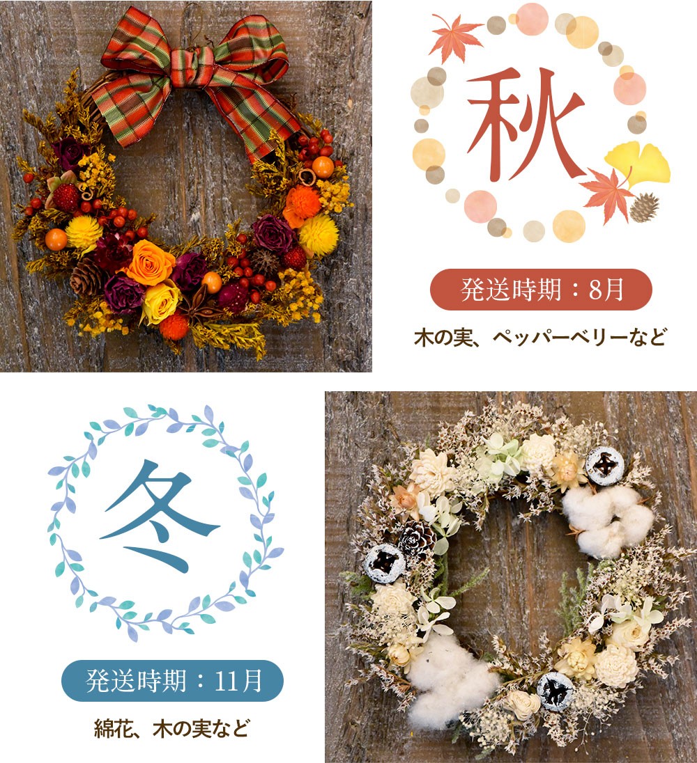 【年4回定期便】季節のフラワーリース ミニサイズ 4種 17～19cm