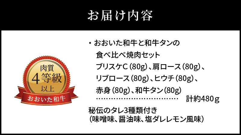 3Dフリーザーで急速冷凍。美味しさそのまま！おおいた和牛と和牛タンの食べ比べ焼肉セット　約480g（秘伝のタレ3種類付き） 牛肉 和牛 タン 焼肉 セット 霜降り 冷凍 食べ比べ 赤身 おおいた和牛 A01098