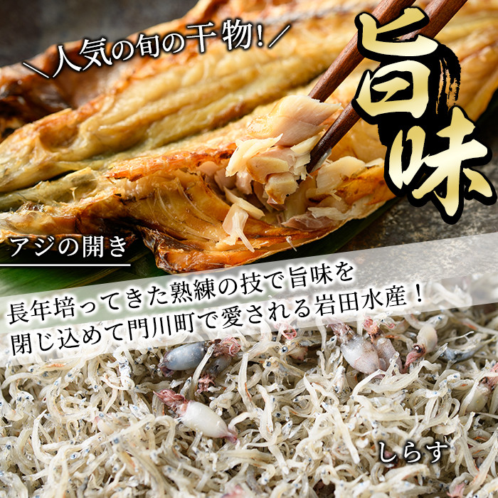 岩田水産の「訳あり干物セット」(合計3.2kg以上・5種以上)ひもの 簡単 調理 冷凍 魚 海鮮 あじ ちりめん さば さごし かます めひかり いりこ 詰め合わせ 個包装 小分け 宮崎県 門川町【AS-2】【岩田水産】