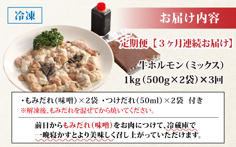 【3ヶ月定期便】ホルモンの老舗 六間星山の牛ホルモン(ミックス)1kg(500g×2袋)×3回 合計3kg