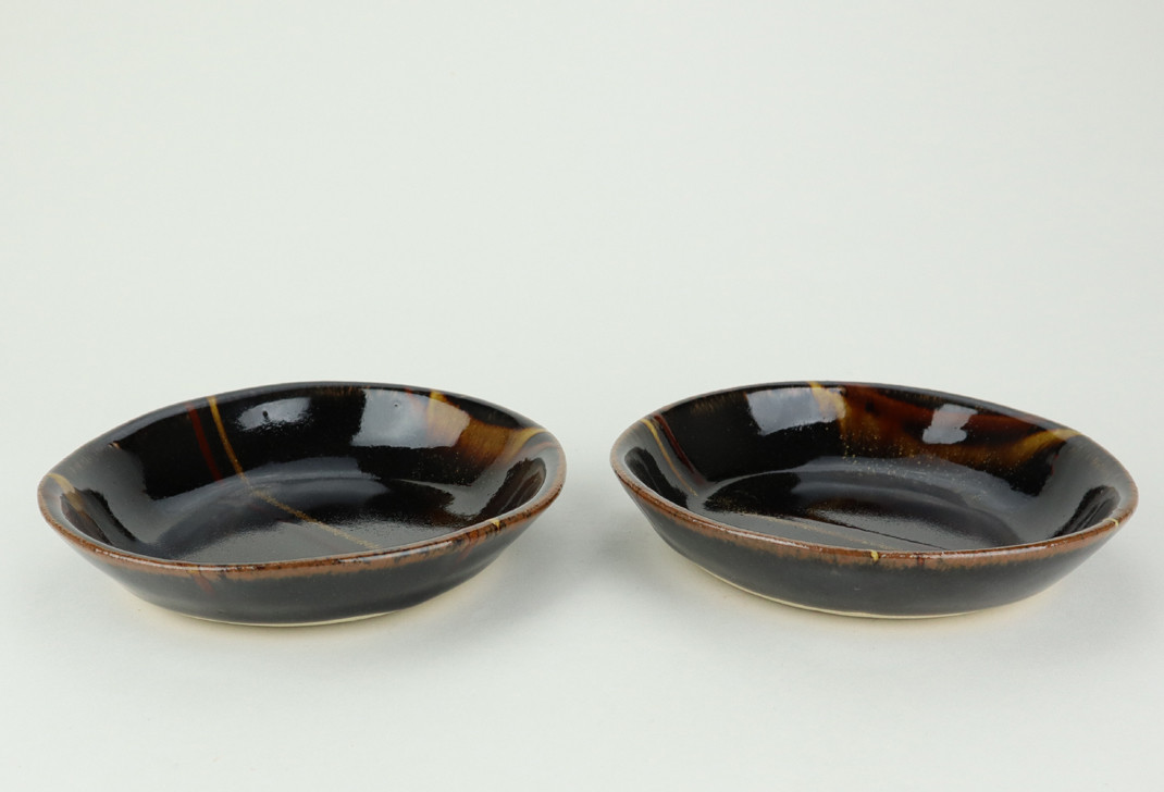 【益子焼】萩原芳典　黒釉線紋楕円皿（小）セット｜栃木県 益子町 ふるさと納税 益子焼伝統工芸士 萩原芳典 黒釉線紋  楕円皿 小皿 電子レンジ可 食洗器可（AT007）