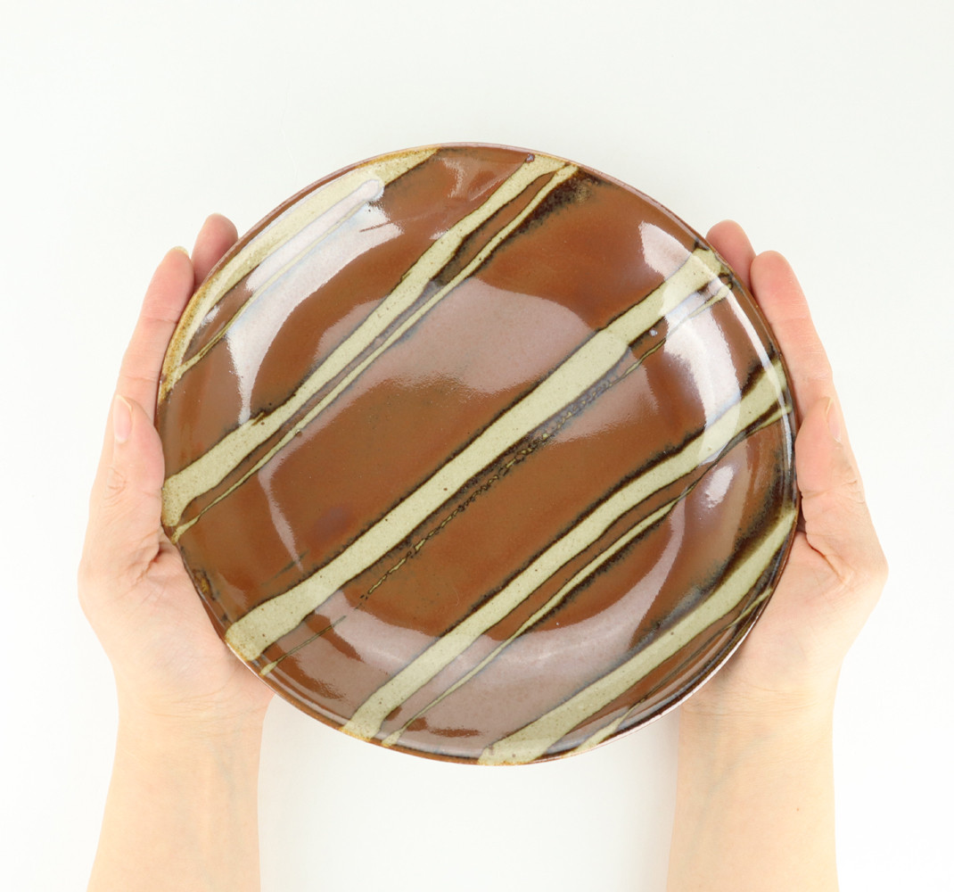 【益子焼】萩原芳典　柿釉線紋楕円皿セット｜栃木県 益子町 ふるさと納税 益子焼伝統工芸士 萩原芳典 柿釉線紋 楕円皿セット 電子レンジ可 食洗器可（AT009）