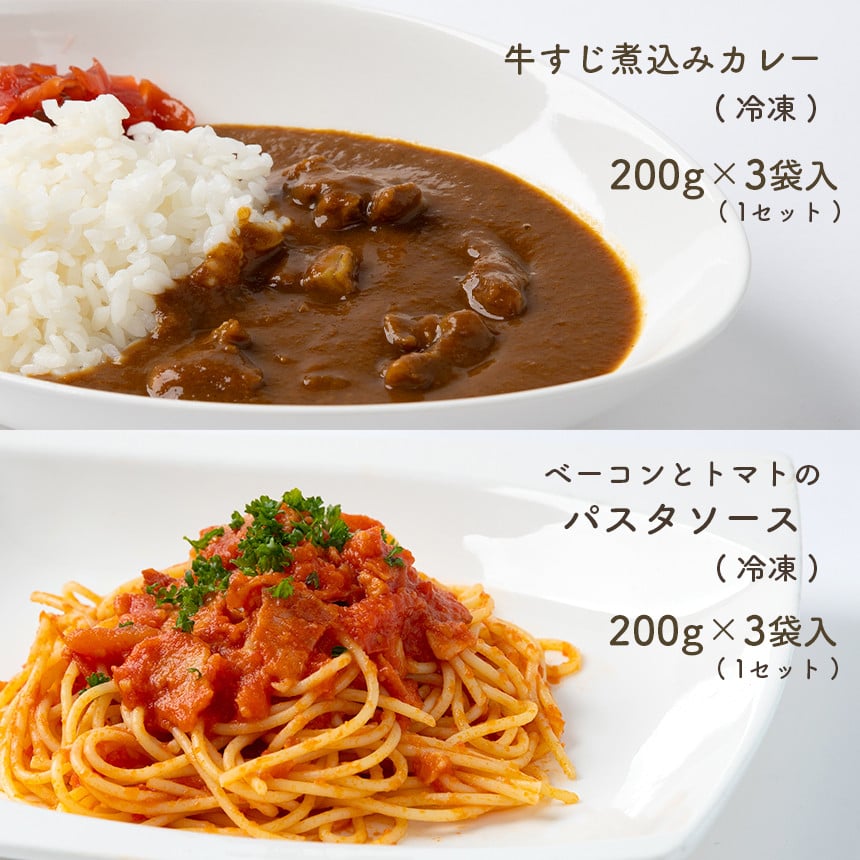 手作り 牛すじ煮込みカレー＆ベーコンとトマトのパスタソース 【冷凍】 ｜ 煮込み カレー 美祢市産 野菜 牛すじ パスタソース トマトソース 惣菜 セット 詰め合わせ 冷凍 特産品 山口 美祢市 美祢