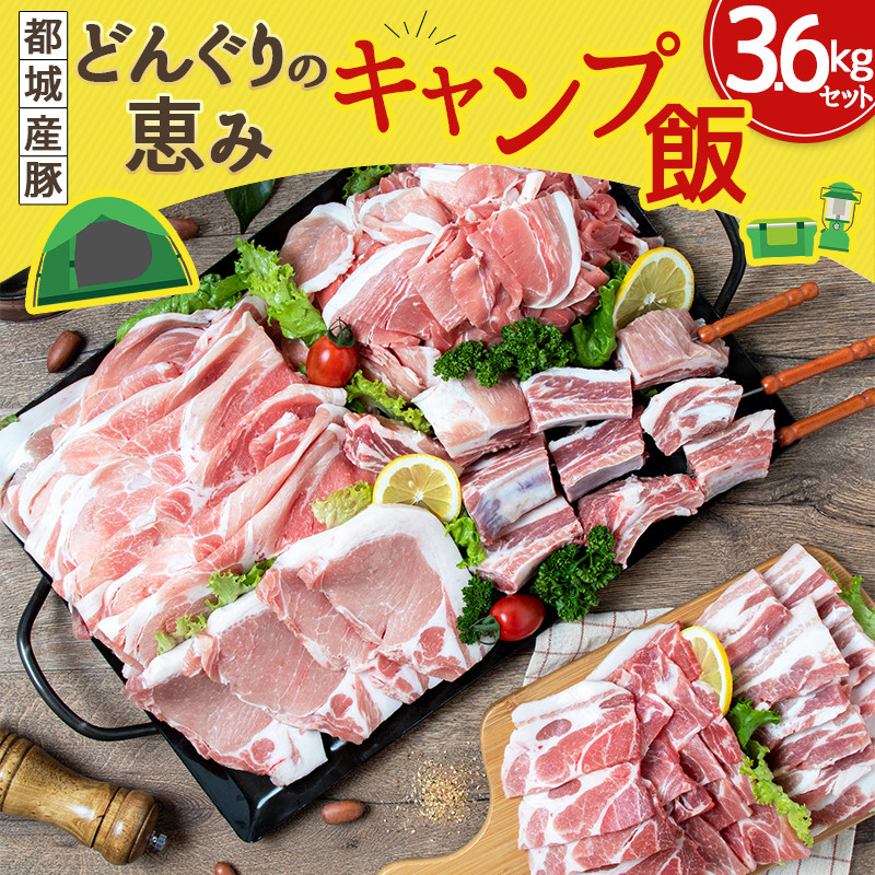【お歳暮】「どんぐりの恵み豚」キャンプ飯3.6kgセット≪11月17日～12月21日お届け≫_17-1104-WG_(都城市) 都城産豚 どんぐりの恵み ロースステーキ バラワイルド焼肉 肩ロース焼肉 モモ焼きそば用 ウデ大判スライス スペアリブ焼肉 真空包装 3.6キロ 200g 300g BBQ キャンプ ギフト お歳暮