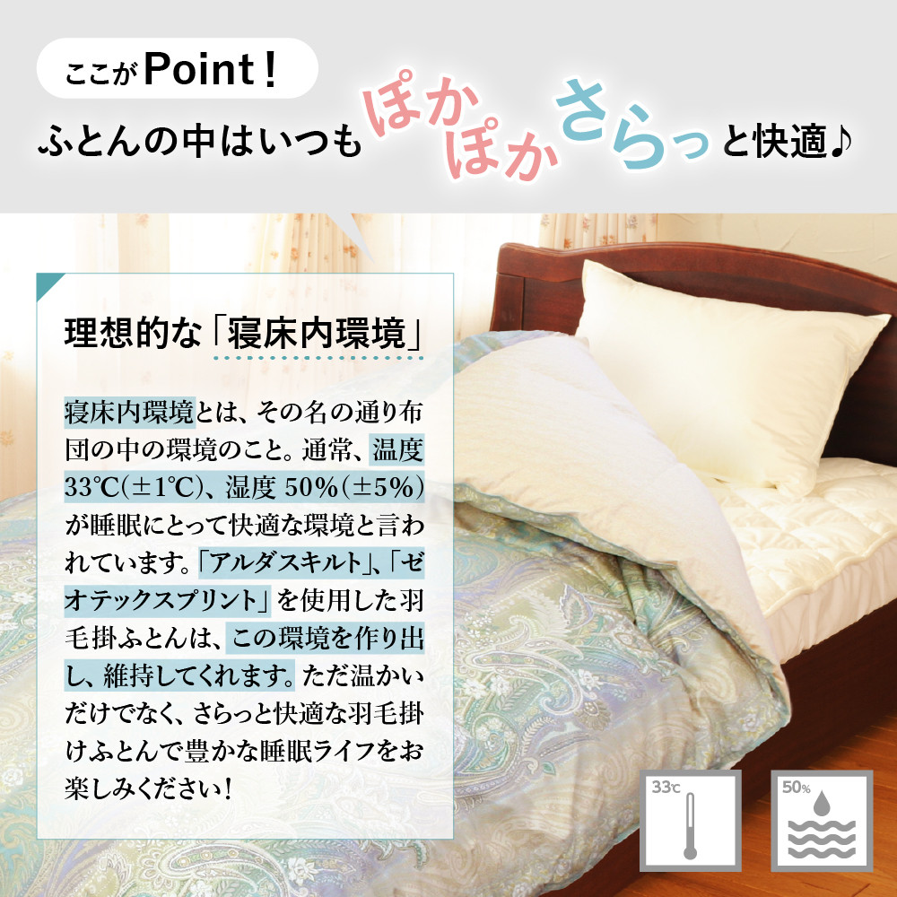 羽毛移動防止特殊構造 ホワイトグースダウン90% 羽毛増量タイプ 掛け布団 360dp ダブル ブルー