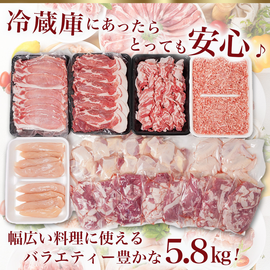 「前田さん家のスウィートポーク」&宮崎県産鶏肉バラエティ5.8kg_22-8904_ (都城市) 豚肉と鶏肉のセット 旨味とコクのある甘い豚肉 ストック 便利 国産 バラエティセット とり肉 都城産 宮崎県産 冷凍 ロース しゃぶしゃぶ バラ 切り落とし ミンチ モモ 切身 ササミ 手羽先 宮崎県 都城市