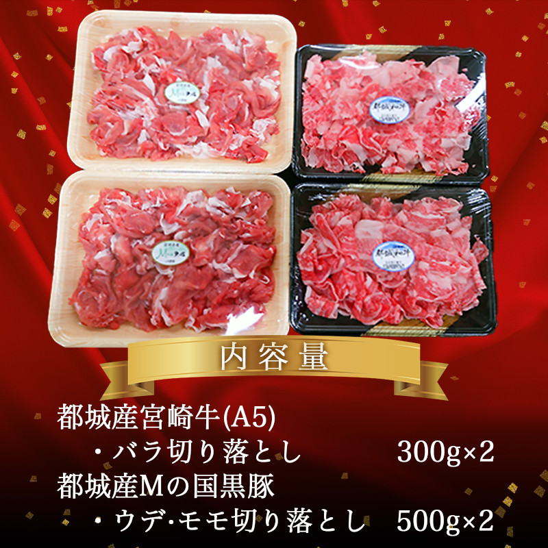 宮崎牛(A5)&都城産「Mの国黒豚」1.6kg食べ比べ!_MK-0106_(都城市) 国産黒毛和牛 宮崎牛 A5ランク 牛バラ切り落とし 300g×2  豚ウデ・豚モモ切り落とし 500g×2 バラ肉 切落し 炒め物 丼物
