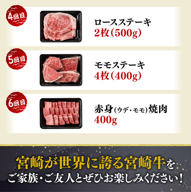 【6ヶ月定期便】宮崎牛定期便B（ ステーキ ・ 焼肉 ） 全6回【 肉 牛肉 国産 宮崎県産 宮崎牛 黒毛和牛 和牛 ステーキ 焼肉 4等級 A4ランク 】
