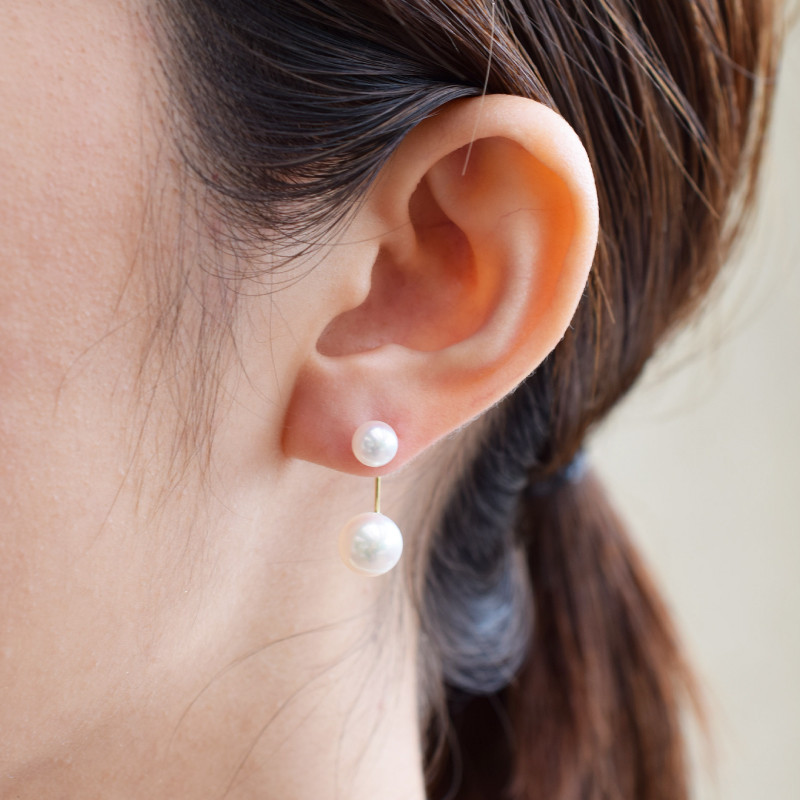 S101-250_天草産 5.5mm-6mm＆7.5mm-8mm ピアス あこや真珠 ホワイトピンク スタッド ダブルパール L字 K18 K14 ベビー 花珠級(K18YG)