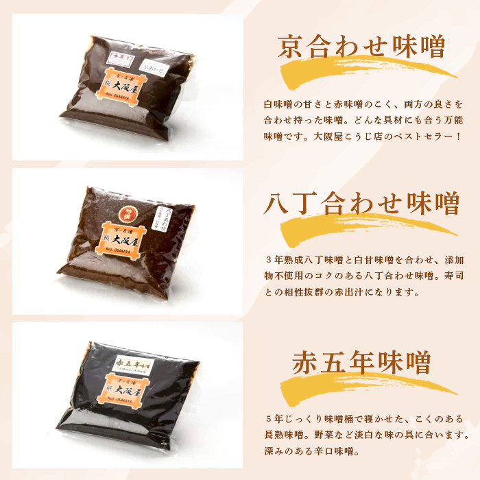 無添加 味噌 5種類セット ( 京合わせ味噌 麦田舎味噌 赤五年味噌 白甘味噌 八丁合わせ味噌 )お味噌 調味料 みそ 詰め合わせ 盛り合わせ 白みそ 赤味噌 出汁味噌 色々 食べ比べ 京都 舞鶴 大阪屋こうじ店 謹製 五色)
