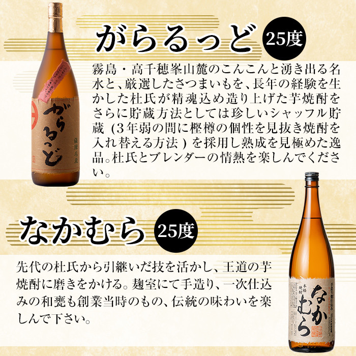 K-190 本格芋焼酎飲み比べセット!「なかむら」「がらるっど」(各1800ml)【石野商店】焼酎 芋焼酎 本格芋焼酎 本格焼酎 酒 宅飲み 家飲み 詰め合わせ