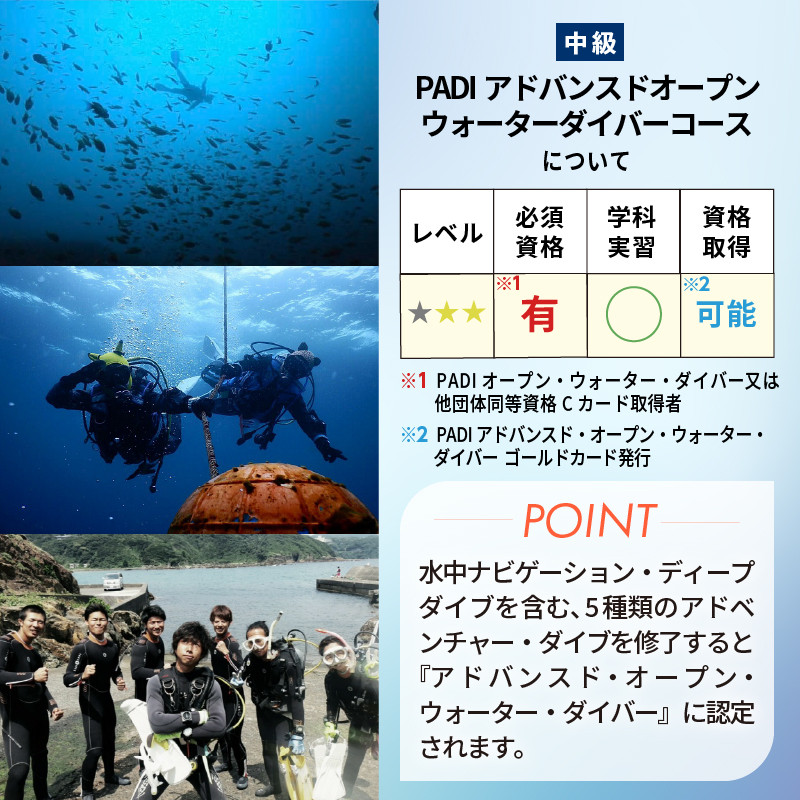 ＜ドラゴンレディ＞次のステップ、アドヴァンスド・オープン・ウォーター・ダイバーへ!　アドバンスコース(2日間) [ダイビング 資格取得 アドバンスドオープンウォーターダイバー コース 2日間 PADI ゴールドカード ライセンス保持者 アウトドア スポーツ 海 アクティビティ マリンスポーツ レジャー 静岡 伊豆 下田 ドラゴンレディ]