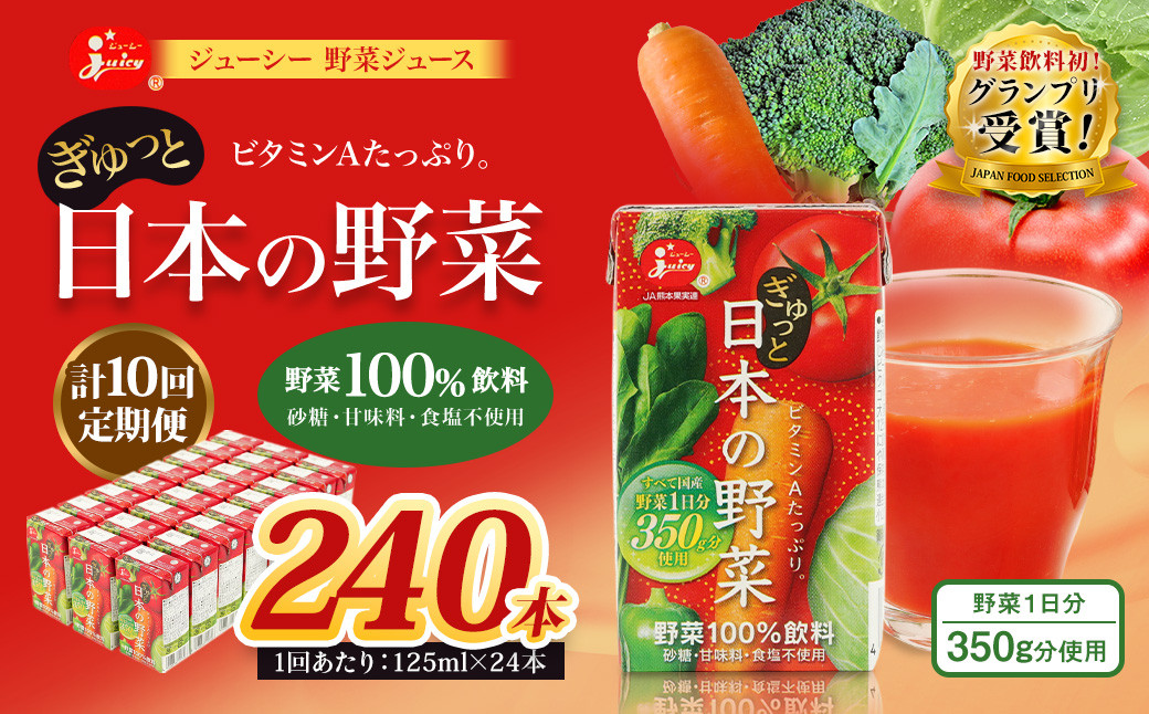 【10回定期便】【野菜飲料初!ジャパンフードセレクション グランプリ受賞】 ジューシー 野菜ジュース ぎゅっと日本の野菜 100% 125ml×24本 ジュース 紙パック 国産