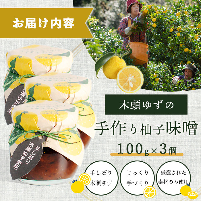 木頭ゆずの手作り柚子みそ 100g 3個【徳島県 那賀町 木頭 ゆず 柚子 ユズ 木頭柚子 木頭ゆず 味噌 ミソ おかず味噌 ご飯 おにぎり ごはんのおとも お酒のお供 ご飯のおかず お酒のあて 瓶 お取り寄せ 手作り 柚冬庵】YA-21