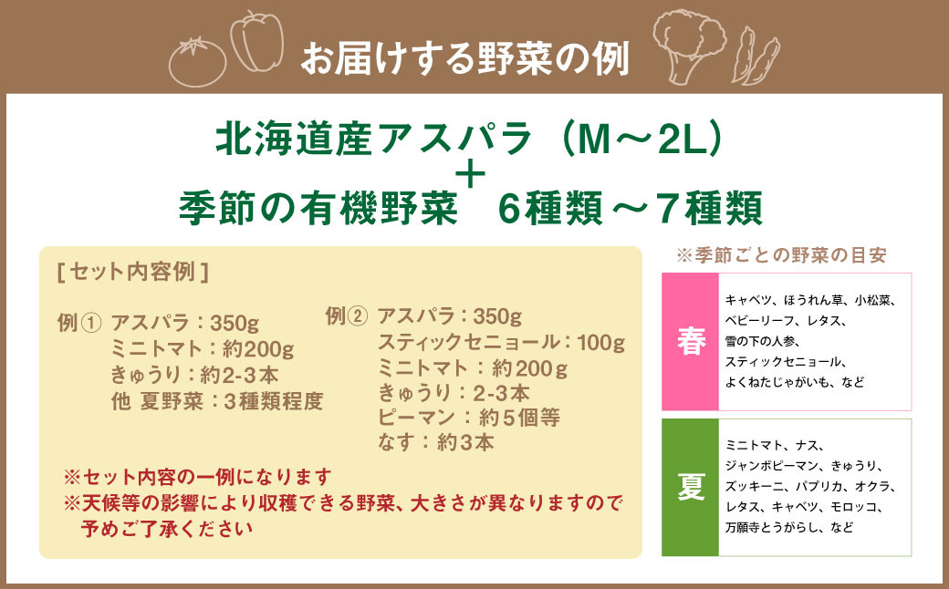 北海道産アスパラと季節の有機野菜セット 【2026年4月下旬~8月下旬迄発送予定】 北海道 北広島市 野菜セット アスパラ 有機野菜