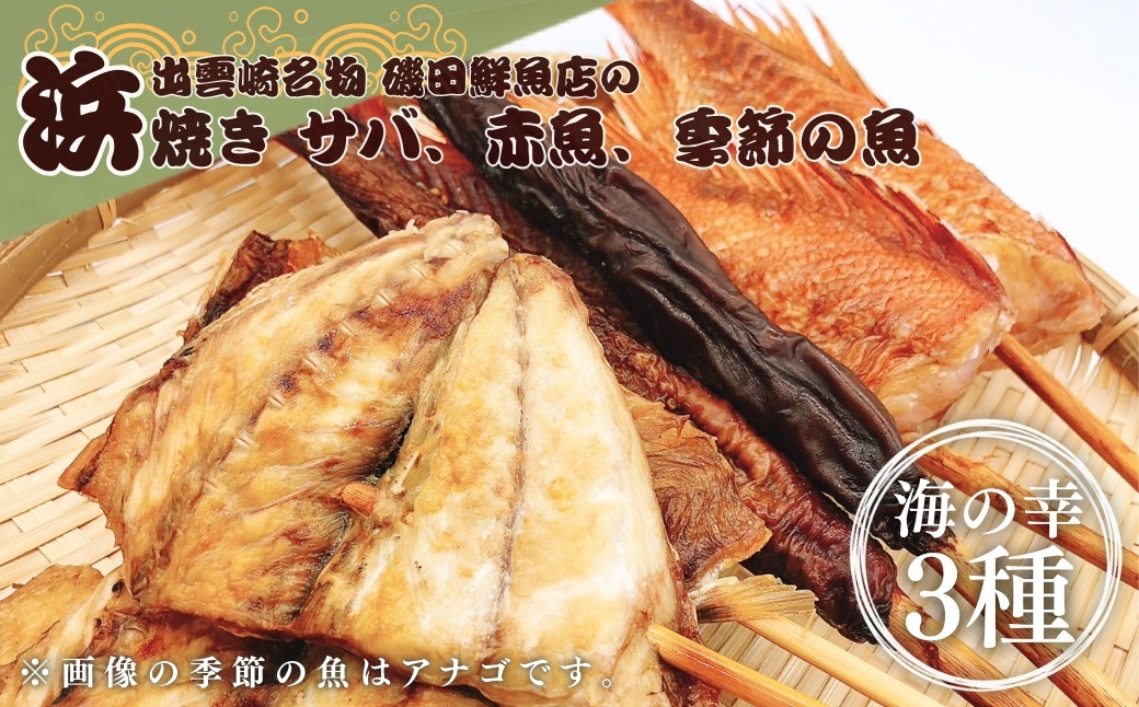【出雲崎名物】磯田鮮魚店の浜焼き「3種セット」(さば・赤魚・季節の魚 各1束 計3束) 出雲崎町 サバ 鯖 赤魚 アナゴ 穴子 ギス カレイ 串焼き 新潟県 出雲崎町
