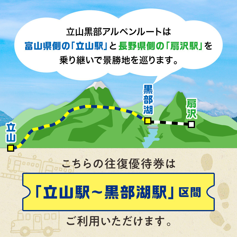 立山黒部アルペンルート 往復優待券 1枚 (立山駅～黒部湖駅) 往復 優待券 優待チケット 立山黒部観光 立山駅 黒部湖駅 山岳観光 アルペンルート 旅行 トラベル 観光 レジャー 優待 チケット F6T-781