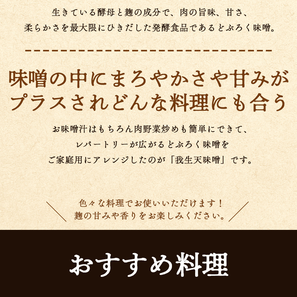 <我生天味噌 2個>300g 選べる 内容量 個数 みそ ミソ 調味料 酵母 どぶろく味噌 ドブロク 米 料理 お味噌汁 パック 発酵食品 まろやか マイルド 風味 旨味 加工食品 和食 和 麹 こうじ アレンジ味噌 こだわり 麦みそ【MI576-gs】【我生庵】