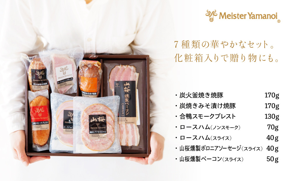 【母の日ギフト】マイスター山野井 炭焼き焼豚と合鴨スモークの 詰め合わせ(7種) チャーシュー ハム 焼き豚 ロースハム 合鴨 ソーセージ オードブル 惣菜 おかず パーティー 手土産 冷蔵 南さつま市 贈り物 ギフト 贈答用