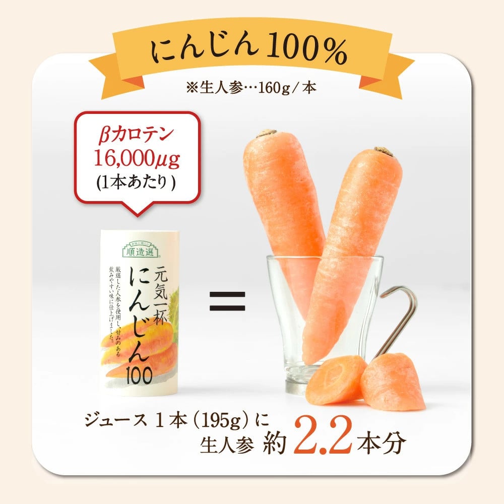 [定期便／3ヶ月] 果汁100% 元気一杯 にんじん100 195g×30本×3回 (合計90本) 順造選｜無添加 無塩 健康 人参 ジュース ドリンク カロテン 長期保存 [0463]