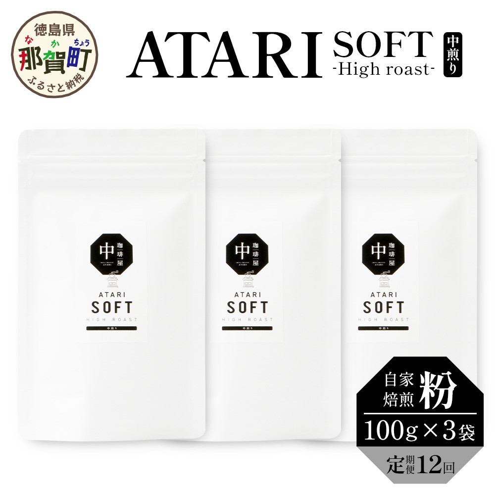 【定期便12回】【粉タイプ】珈琲屋 中-ATARI- SOFT (中煎り) -High roast- 100g×3袋×12回【徳島県 那賀町 自家焙煎 コーヒー 珈琲 ブレンド コーヒー粉 珈琲粉 粉 スペシャリティコーヒー レギュラーコーヒー 中煎り ハイロースト 詰め合わせ ギフト プレゼント お取り寄せ】CO-16