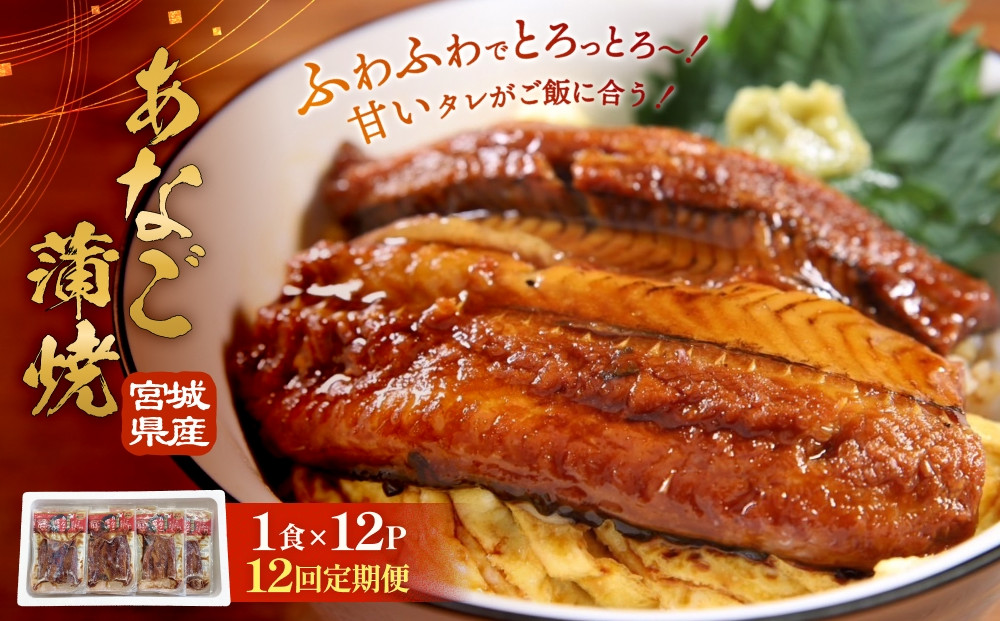 ＜定期便12回・毎月発送＞ 宮城県産 あなご蒲焼（1食）12入 定期便 冷凍 小分け 穴子 アナゴ 蒲焼き あなご 魚 お魚 丼 寿司 おかず 惣菜 レトルト 甘だれ 温めるだけ 湯煎 レンチン 簡単調理 冷凍ストック 穴子丼 お取り寄せ 三晃食品 宮城県 石巻市