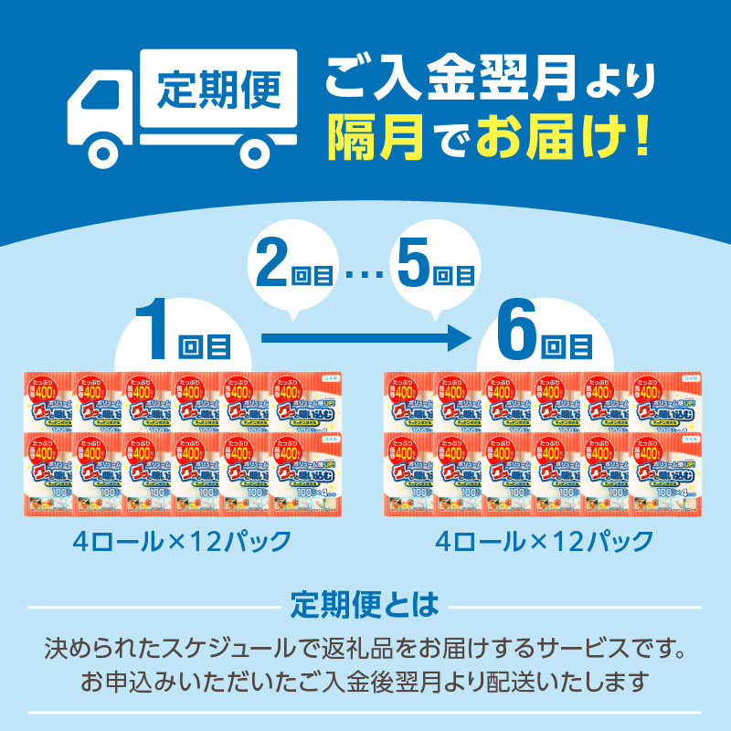 キッチンタオル100カット(4ロール×12パック)6回お届け定期便 キッチンペーパー キッチンタオル 2枚重ね 吸水性 破れにくい 電子レンジOK キッチン用品 日用品 消耗品 定期便 T10044