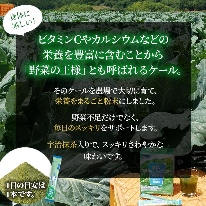 <野菜と乳酸菌とビフィズス菌がとれる青汁 1箱(3.5g×30本入)> ケール 粉末 スティック 溶けやすい すっきり 濃縮 無糖 化学農薬不使用 グリーンヒル ファンケル FANCL 愛媛県 西予市【常温】