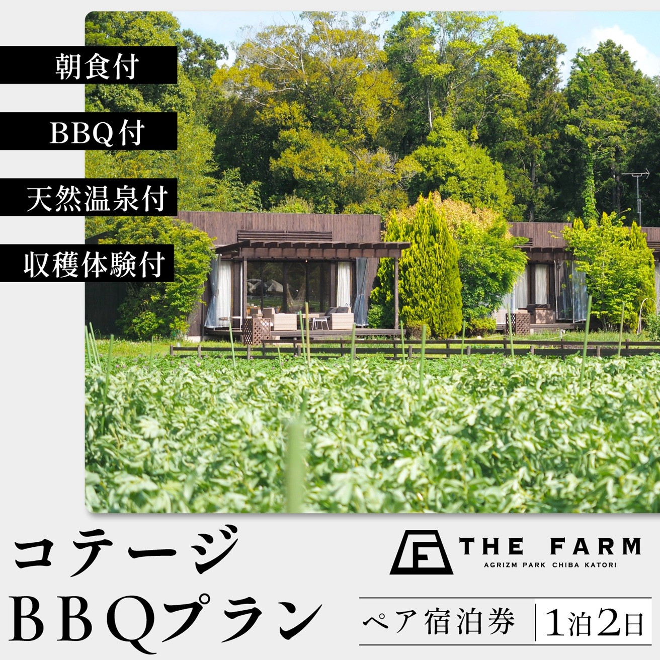 【THE FARMコテージ】BBQプラン ペア宿泊券(1泊2食BBQ・朝食・天然温泉・収穫体験付き) KTRC001