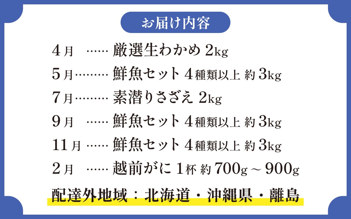 【定期便６回】福井 南越前 海のごちそう便  鮮魚ボックス 越前がに 頒布会 サザエ わかめ  直送  鮮魚 ／魚 かに ズワイガニ わかめ さざえ詰め合わせ 新鮮 煮物 焼き物 お造り 刺身 晩酌 食卓 漁師BBQ 冷蔵 旬 お中元 海鮮 魚介類 冷凍 盛り合わせ おまかせ お楽しみ おつまみ おかず ご飯のお供 送料無料 さへい 河野 越前 福井 北陸 南越前町