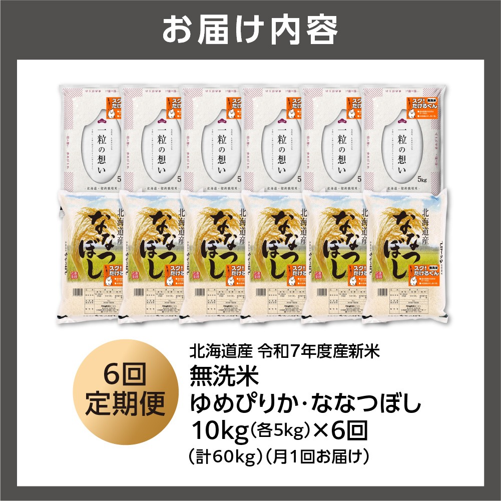 【定期便】無洗米ゆめぴりか 5kg+無洗米ななつぼし 5kg 6回
