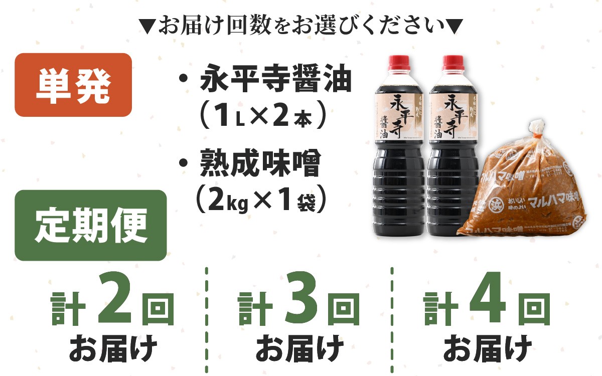 【選べる定期便1~4回】永平寺 創業大正14年 浜田醤油の醤油(1L✕2本)・熟成味噌セット(2kgx1袋)【1回単発便】【2~4回定期便】【お届け対象月 10月,1月,4月,7月】/ お味噌 味噌汁 味噌 みそ 2個 天然熟成 米みそ 米味噌 米糀 米麹 糀味噌 麹味噌 麹 おみそ 米麹味噌 米糀味噌 米麹みそ 米糀みそ 大豆 お醤油 しょう油 天然醸造 甘口 醬油 お醬油 熟成醬油