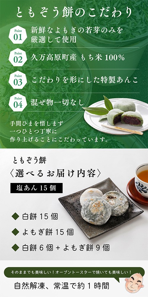 【白餅6個+よもぎ餅9個】ともぞう餅【塩あん15個】5個入3パック 白餅 よもぎ餅 選べるセット|愛媛県 久万高原町 手作り 餅 もち 塩あん よもぎ スイーツ 和菓子 正月 雑煮 ぜんざい きな粉餅 甘くない 昔ながらの味