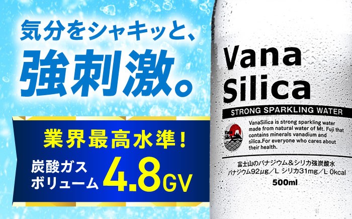 【全3回定期便】VanaSilica（バナシリカ） 富士山のバナジウム＆シリカ 強炭酸水 500ml 24本 2箱（計48本） 炭酸 強炭酸 炭酸水 大容量 ハイボール 割り材 割材 ペットボトル お水 飲料 飲料水 ドリンク 飲み物 備蓄 災害 大阪府高槻市/クリックル株式会社 [AOEH029] 天然水 バナジウム シリカ 強炭酸水 大容量 ペットボトル ハイボール 割材 飲料 健康 水分補給