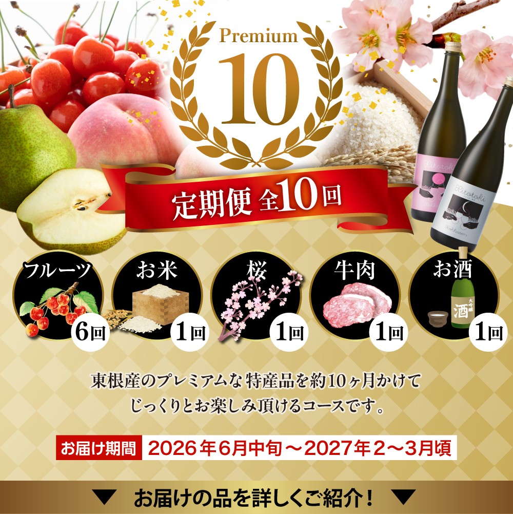 【2026年先行予約 10回 定期便】山形県 東根市産 【プレミアム10・1年 リレーコース】さくらんぼ 桃 すもも シャインマスカット ラ・フランス お米 肉 hi999-039