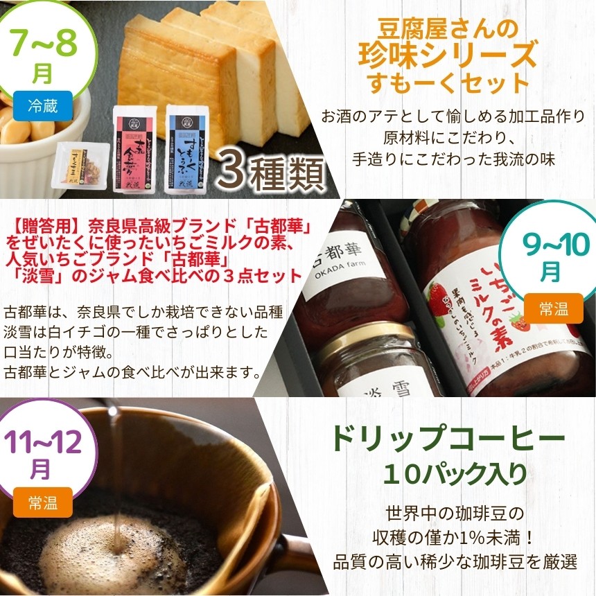 【 定期便 6回 】 平群町 おたのしみ 福袋|全6回(2ヶ月に1回発送)平群のいちご古都華 お菓子詰め合わせ mamma カップジェラート 豆腐屋さんの珍味シリーズ 古都華を使ったジャム ドリップコーヒー 奈良県 平群町