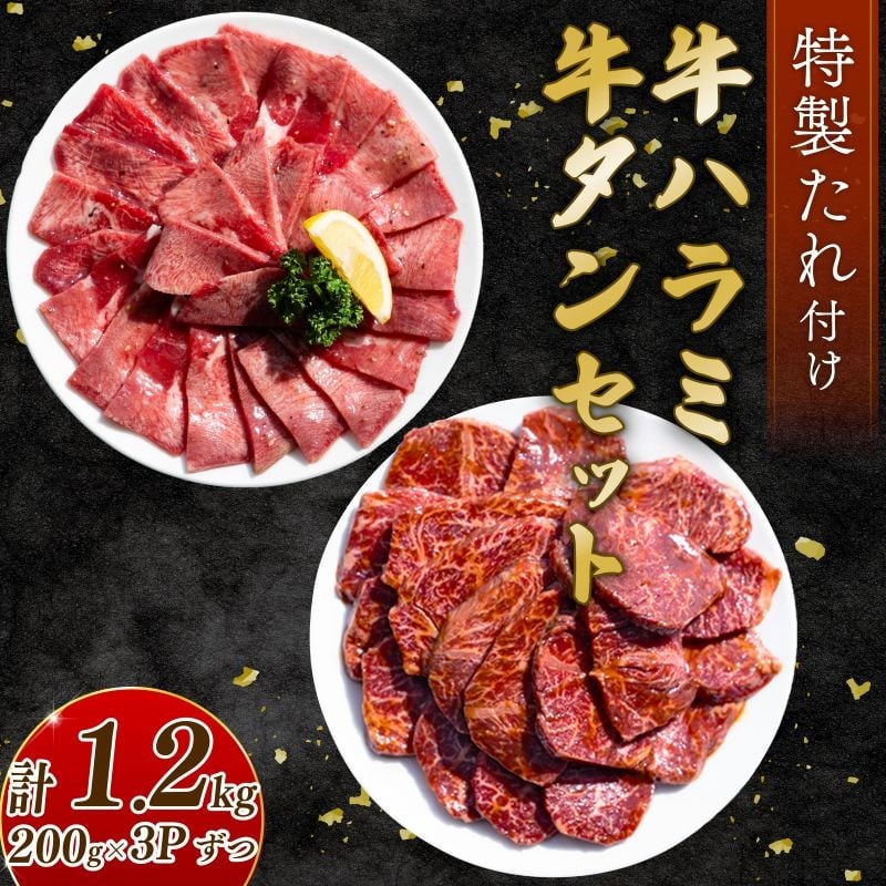 自家製 牛ハラミたれ漬け&牛タンスライス味付け 200g×3ずつ 計1.2kg 訳あり 数量限定 牛肉 焼肉 焼き肉 BBQ バーベキュー 【(有)山重食肉】（室戸海洋深層水塩使用）																																																							
