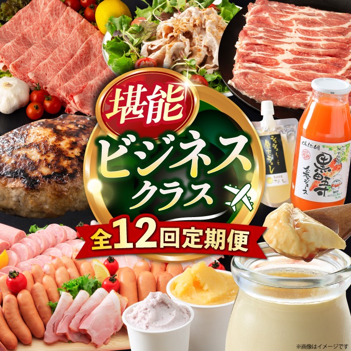 【12回定期便】ビジネスクラス定期便（ ジュース ハンバーグ ハムセット ジェラート プリン ジュレ 長崎和牛 豚肉 ）/ 便利な定期便 バラエティ定期便 バラエティ/ 大村市 おおむら夢ファームシュシュ[ACAA098]