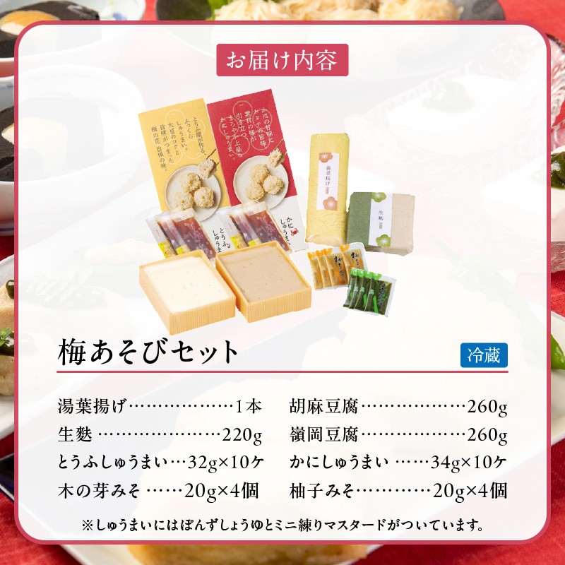 梅の花 梅あそびセット_梅の花通販本舗 梅あそび セット 大豆 惣菜 おかずセット かに とうふ しゅうまい 湯葉 生麩 嶺岡豆腐 木の芽みそ 柚子みそ 詰め合わせ 豆腐 加工品 おかず 福岡県 久留米市 お取り寄せ お取り寄せグルメ 送料無料_Cx224