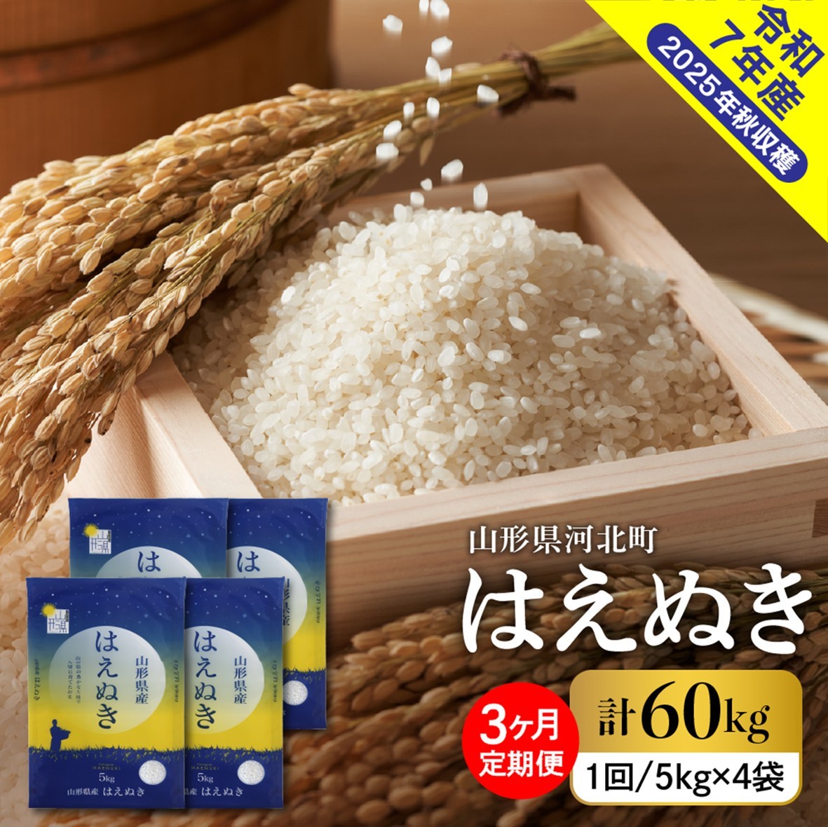 【令和7年産米】2026年3月下旬発送 はえぬき60kg（20kg×3ヶ月）毎月定期便  山形県産 【米comeかほく協同組合】 ka024-113d-r7-03053