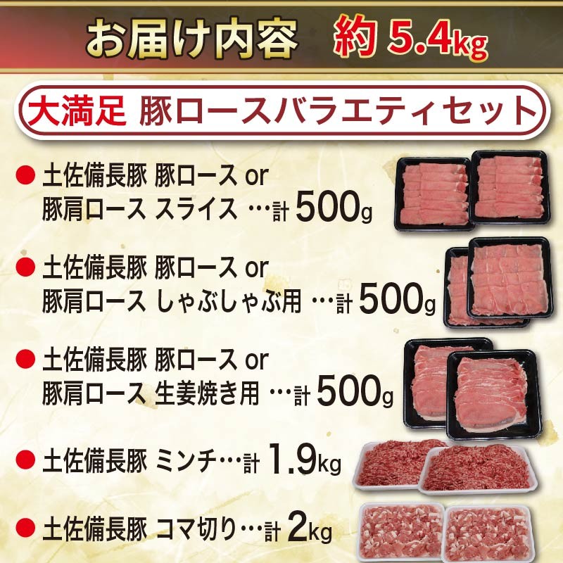 豚肉 満足 バラエティセット ぶたにく ぶた 約5.4kg 土佐備長豚 国産豚肉 国産ぶた 備長炭育ち しゃぶしゃぶ スライス 生姜焼き 豚こま ミンチ 冷凍 小分け 家庭用 贈答用 業務用 ふるさと納税 高知県 室戸市