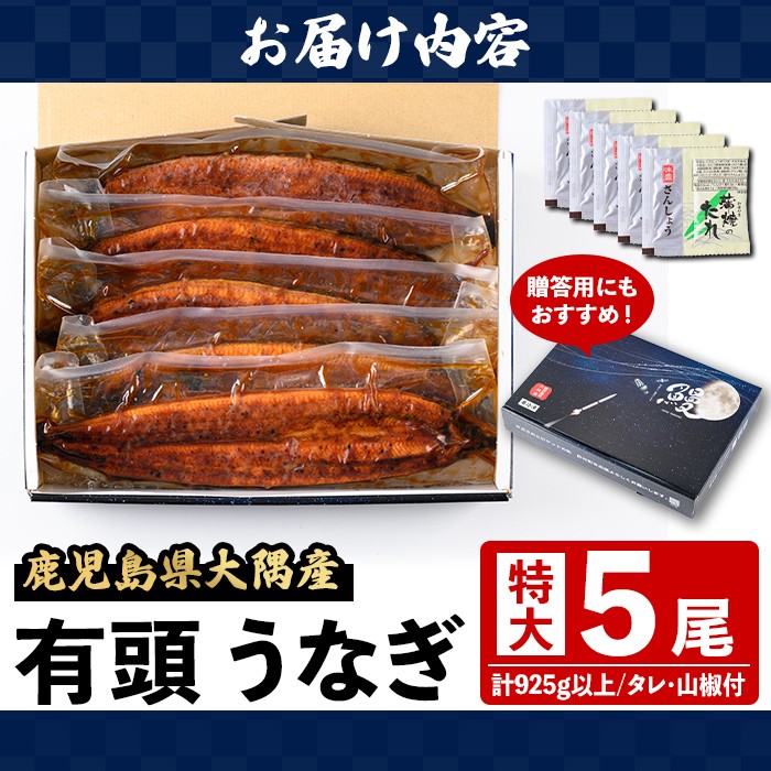 C57006 特大うなぎ蒲焼(有頭)(5尾・計925g以上、タレ、山椒付) 鹿児島 国産 九州産 大隅産 鰻 うなぎ ウナギ 蒲焼き うな重 うな丼 ひつまぶし 丑の日 土用の丑の日 化粧箱 贈答 【一般社団法人きもつき宇宙協議会】