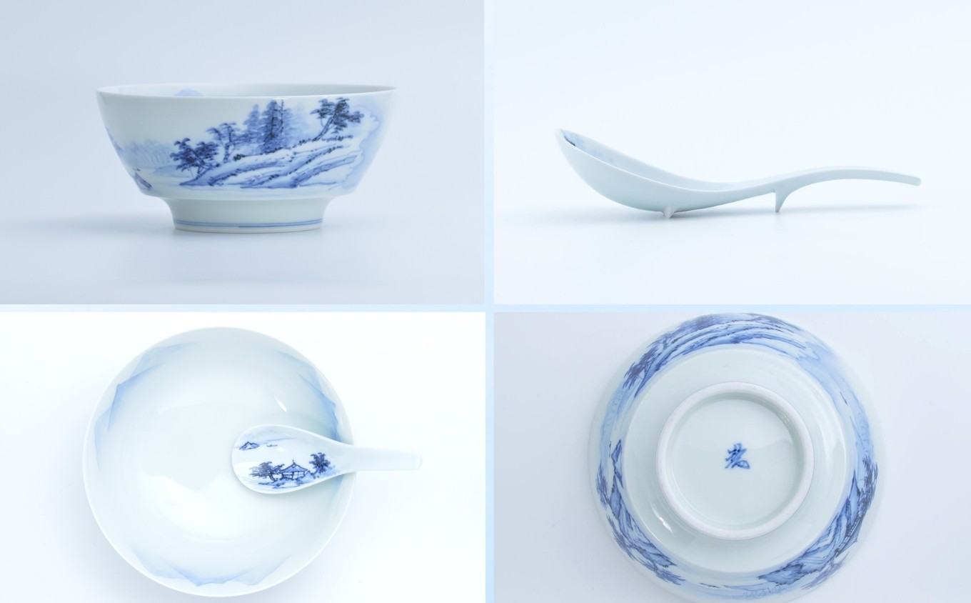 【有田焼】究極のラーメン鉢 レンゲセット（染付山水）［A0033-0028］