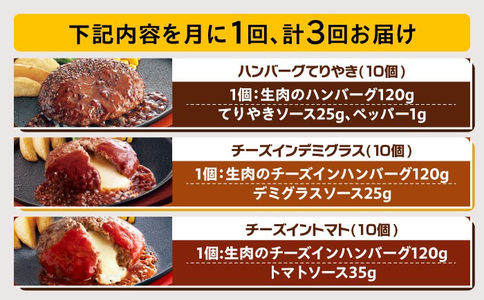 【全3回定期便】ジョイフル ハンバーグ スペシャル 詰め合わせ 3種 30個 セット《築上町》【株式会社 ジョイフル】[ABAA042] 牛100% ギフト 食べ比べ 大容量 肉 牛 はんばーぐ ファミレス 冷凍 簡単 おかず 弁当 小分け 個包装 保存料不使用 人気定期便 61000 61000円