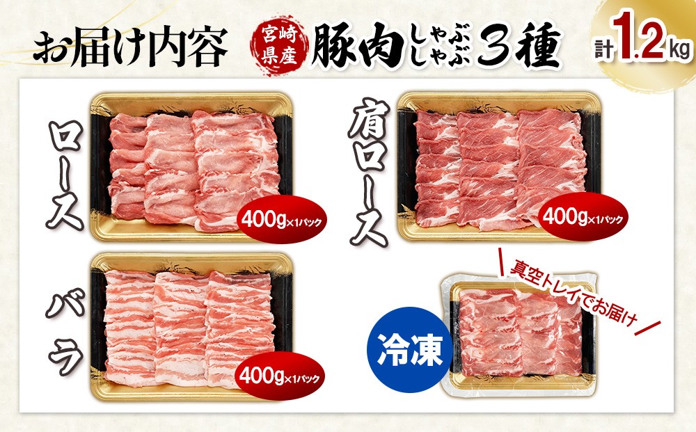 宮崎県産 豚肉 しゃぶしゃぶ 3種食べ比べセット 合計1.2kg (ロース・肩ロース・バラ 各400g) 真空小分けパック 冷凍 国産 送料無料
