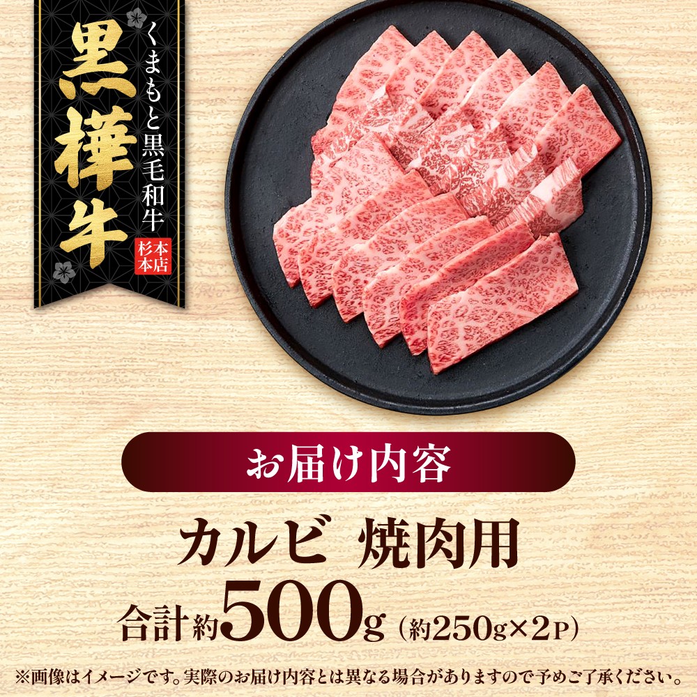くまもと黒毛和牛 黒樺牛 A4～A5等級 カルビ 焼肉用 約500g（約250g×2P）/ 熊本 黒毛和牛 牛肉 A5ランク A4ランク 黒樺牛 国産肉 国産牛 カルビ 焼き肉 【株式会社杉本本店】[AYBJ032]